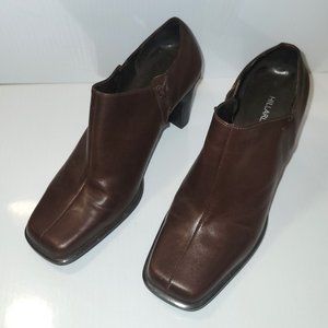 Hillard and Hanson Chocolate Leather Square Toe Ankle Booties Side Zip Size 7.5
